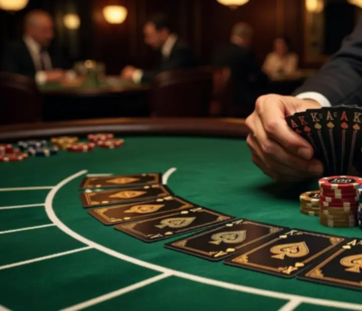 Close-up of blackjack chips and playing cards on a green felt table