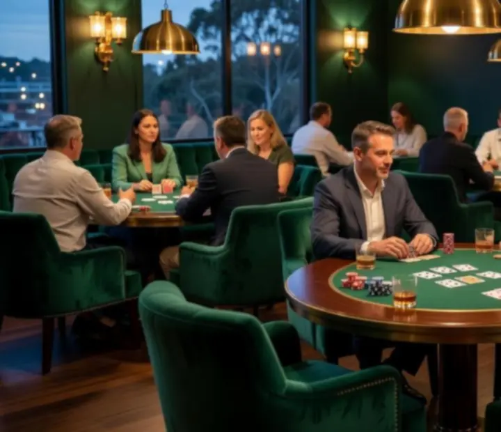Card lounge at Dewesoft Hungary Korlátolt Felelősségű Társaság with plush seating and warm lighting around poker tables