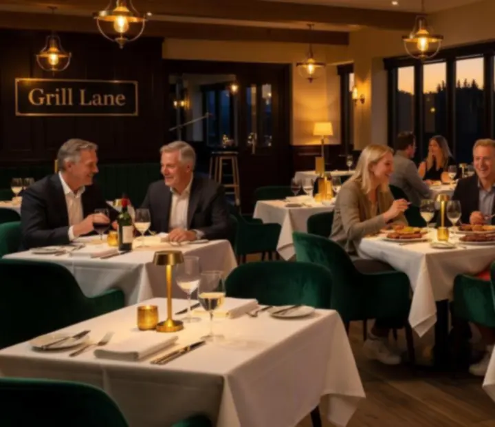 Evening restaurant ambience at Dewesoft Hungary Korlátolt Felelősségű Társaság with softly lit tables and bar area near roulette lounge