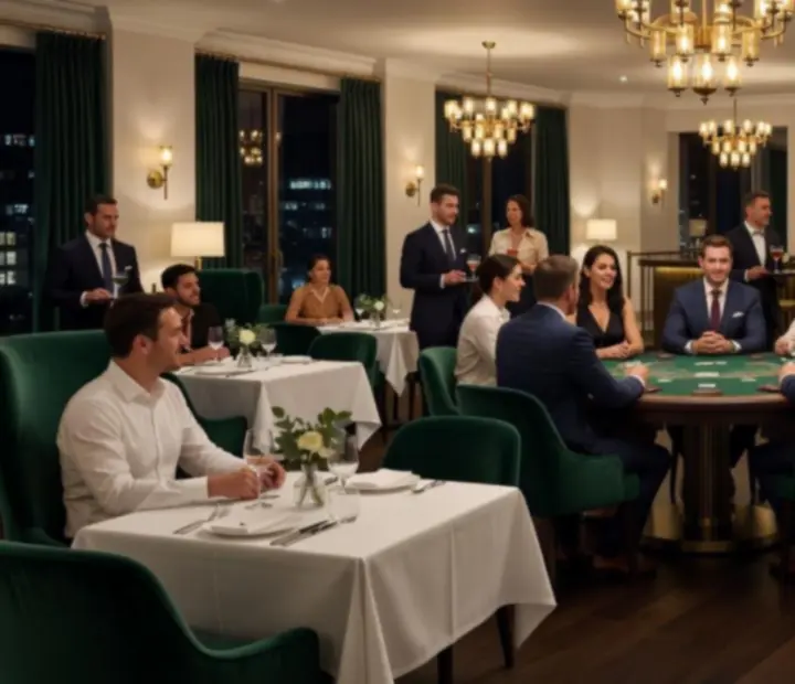 Dimly lit lounge atmosphere with dining tables and blackjack area at Dewesoft Hungary Korlátolt Felelősségű Társaság