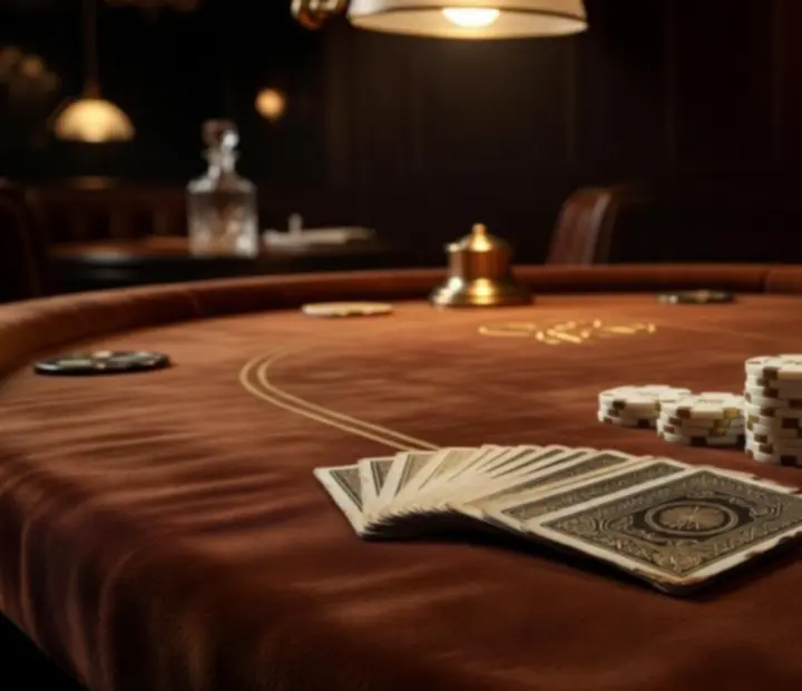 Detail of a high-end poker table with cards, chips and suede surface at Dewesoft Hungary Korlátolt Felelősségű Társaság