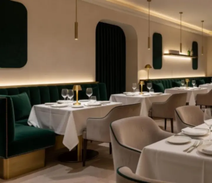 Warm, elegant restaurant interior at Dewesoft Hungary Korlátolt Felelősségű Társaság with forest green accents and soft lighting.
