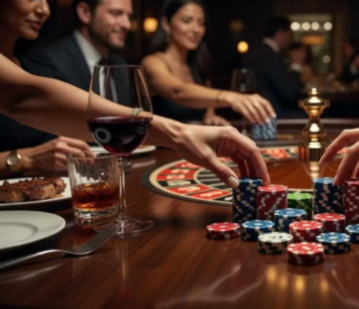 Roulette chips in play on the table, surrounded by guests enjoying the evening