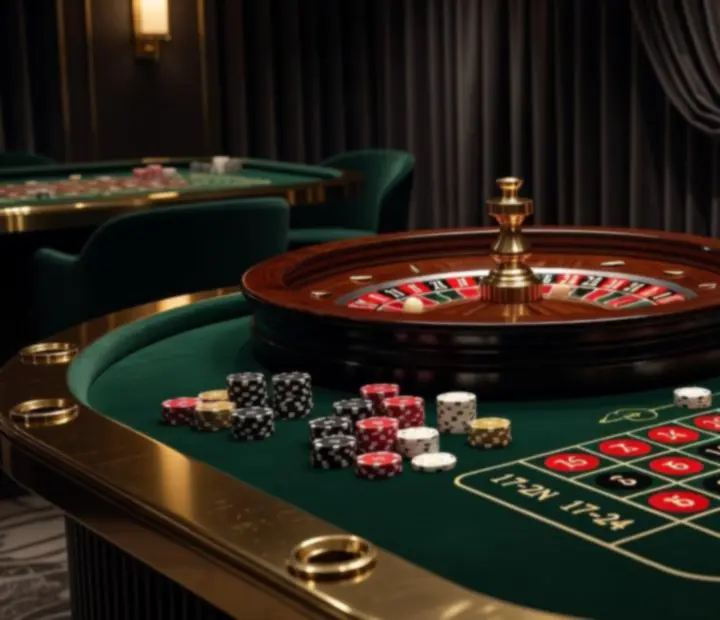 Close-up of the roulette table and wheel at Dewesoft Hungary Korlátolt Felelősségű Társaság with chips neatly arranged