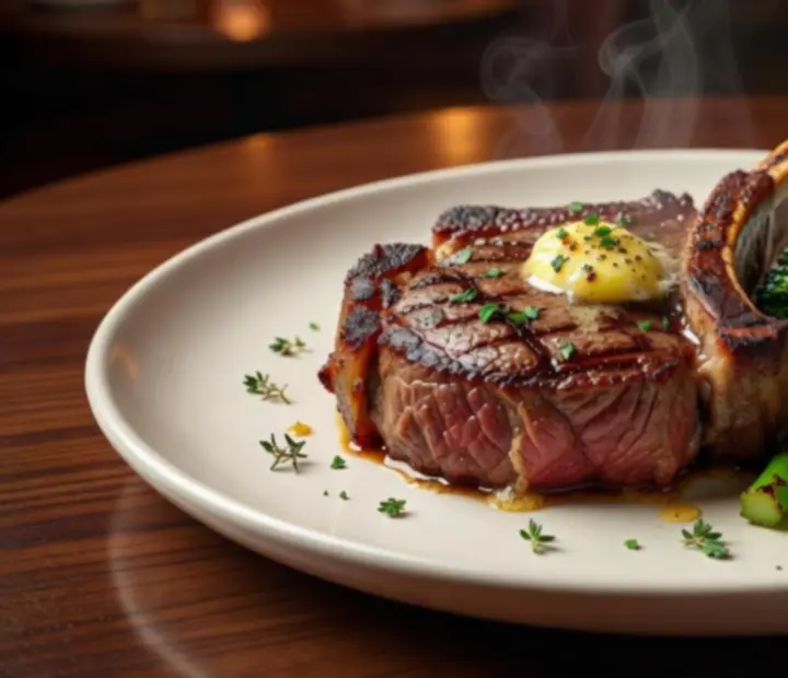 Signature tomahawk steak served with smoked garlic butter and charred broccolini at Dewesoft Hungary Korlátolt Felelősségű Társaság